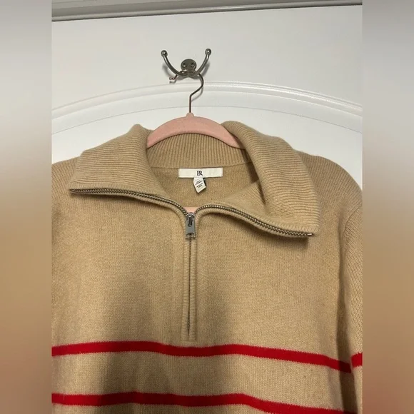 Banana Republic Cream Striped 100% Cashmere Quarter-Zip sweater size Medium chic - Picture 4 of 11